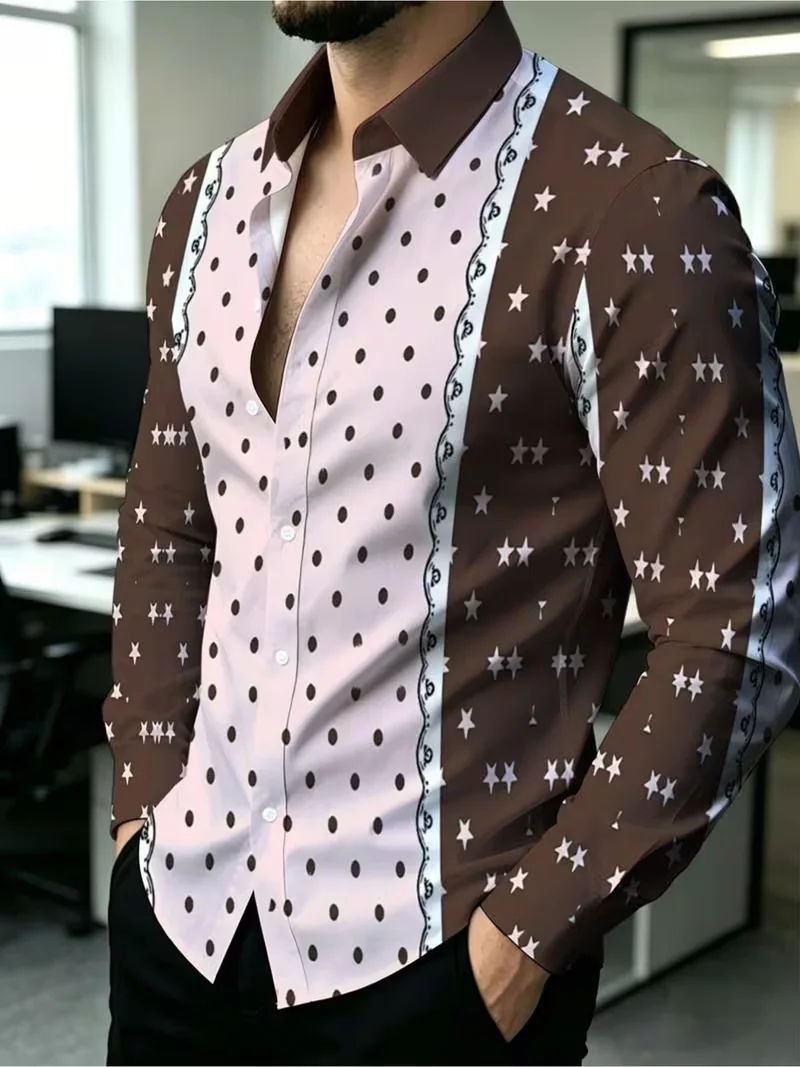 New beige light luxury geometric stripe shirt, retro hexagonal checkered business men's long sleeved shirt