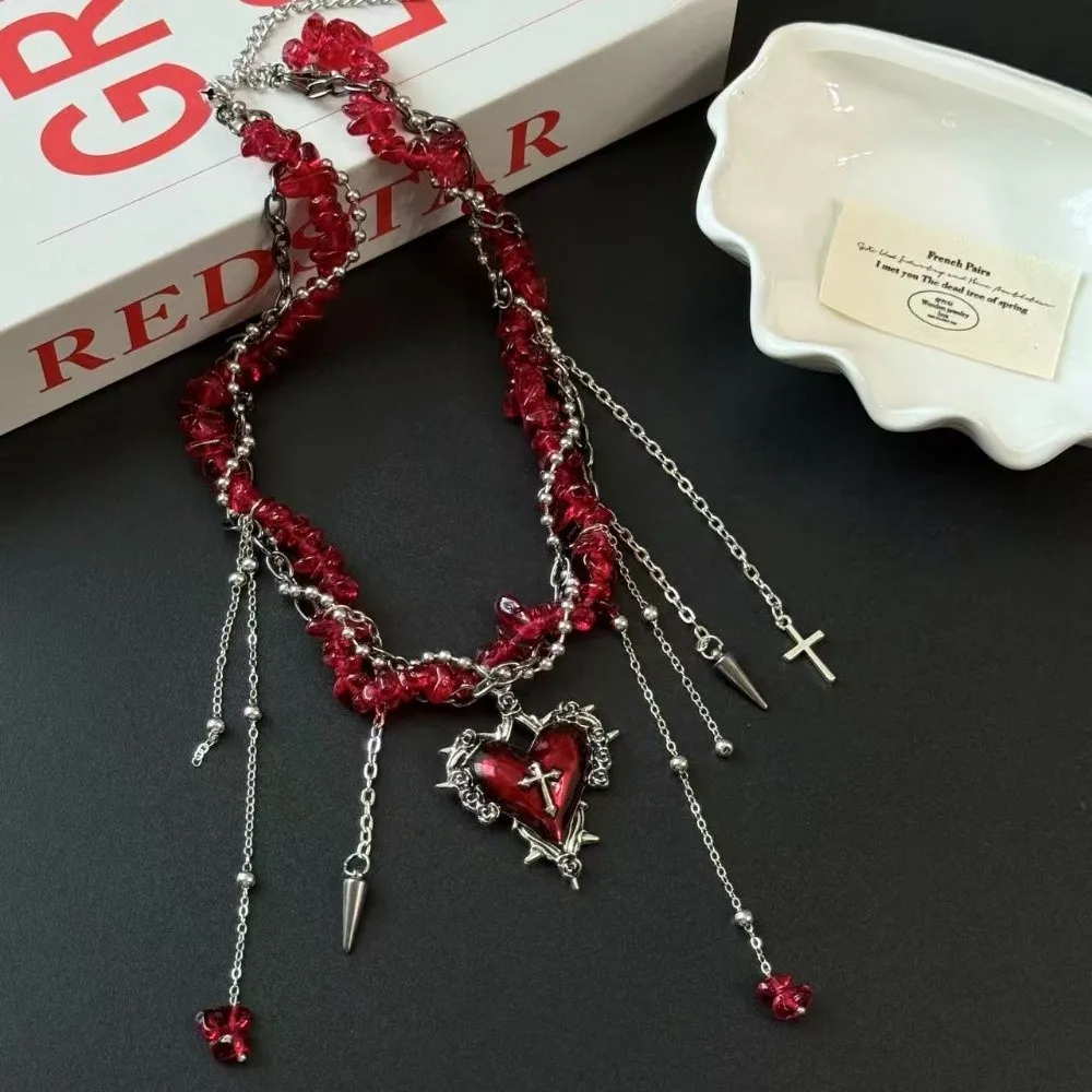 

Korean Y2K Style Halloween Cross Necklace Gravel Bead Love Jewelry Double Layer Choker Black/Red Cross Metal Clavicle Chain