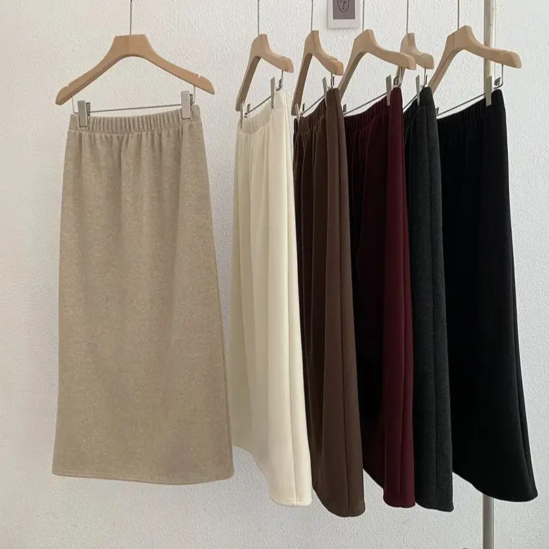 

Elastic high waist solid color back slit mid-length skirt retro versatile fashion long skirt for women