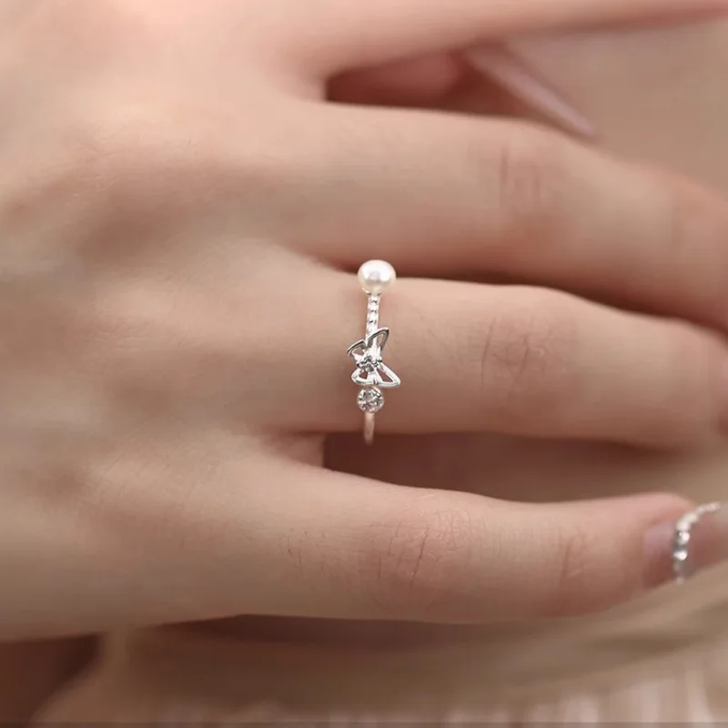 

Женское кольцо с бабочкой PANJBJ, универсальное открытое офисное ювелирное изделие из стерлингового серебра 925 пробы с жемчугом и цирконием, подарок для девушек и женщин