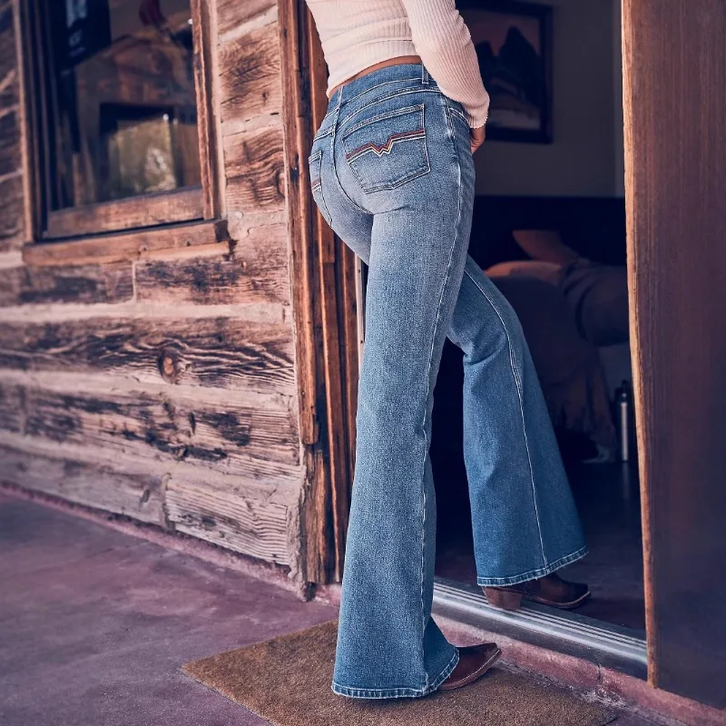 Damen Four Seasons New Fashion Denim Hoch taillierte Schlaghose, einfache und bequeme elastische bestickte Temperamentjeans