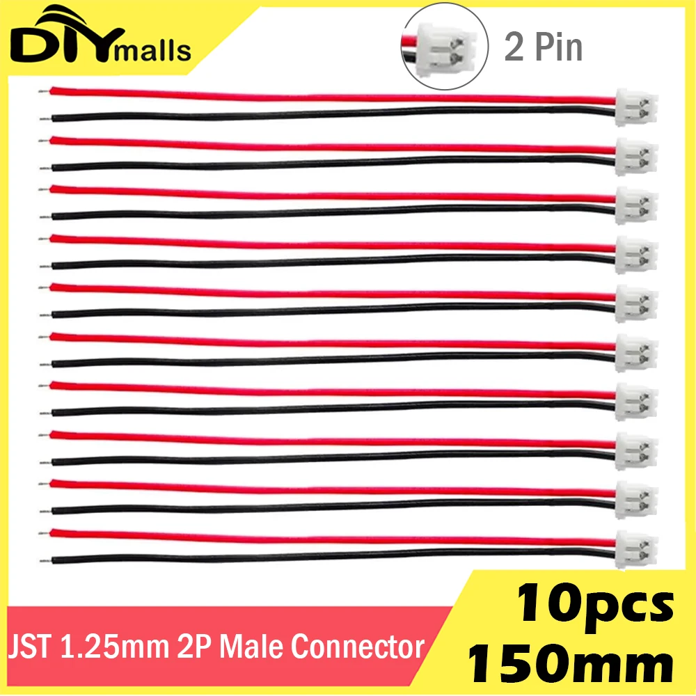 

10PCS 150mm JST 1.25mm 2P Male Connector 15cm 28AWG LoRa Board Battery Connection Cable for Heltec WIFI Lora32 LoRa