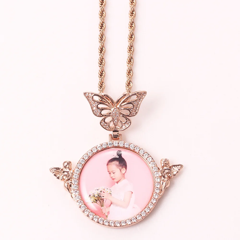 

Hip-Hop Hipster Photo Butterfly Head Pendant Micro-Inlaid Zircon Private Customized Personalized Photo Angel Necklace