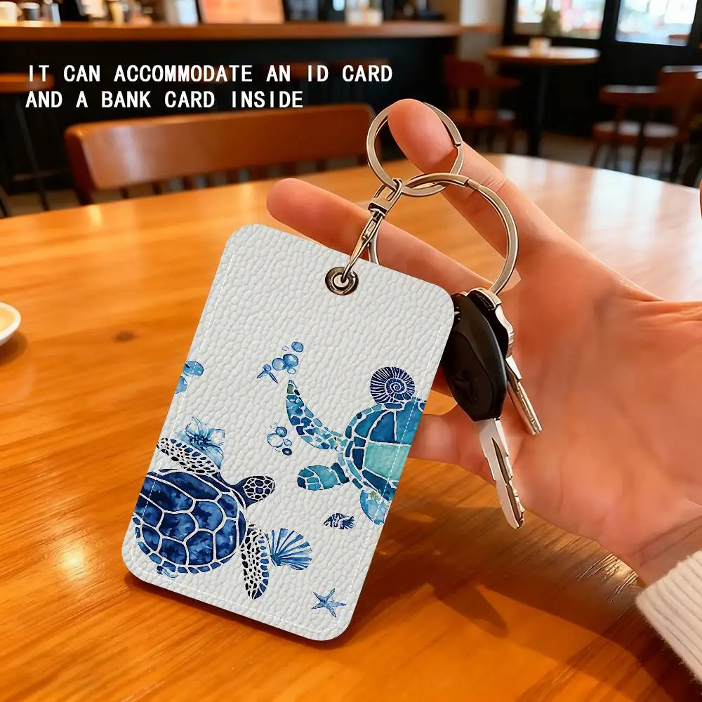 Cute Blue Watercolor Sea Turtle Keychain Card Holder, Badge Credit Card Holder, Student ID Card Holder, Portable PU Leather