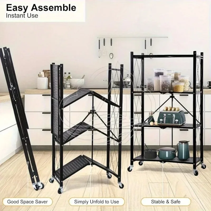 3/4 Tier Metal Storage Rack with Wheels, Foldable Mobile Shelving Unit, Portable Organizer for Home Office Garage