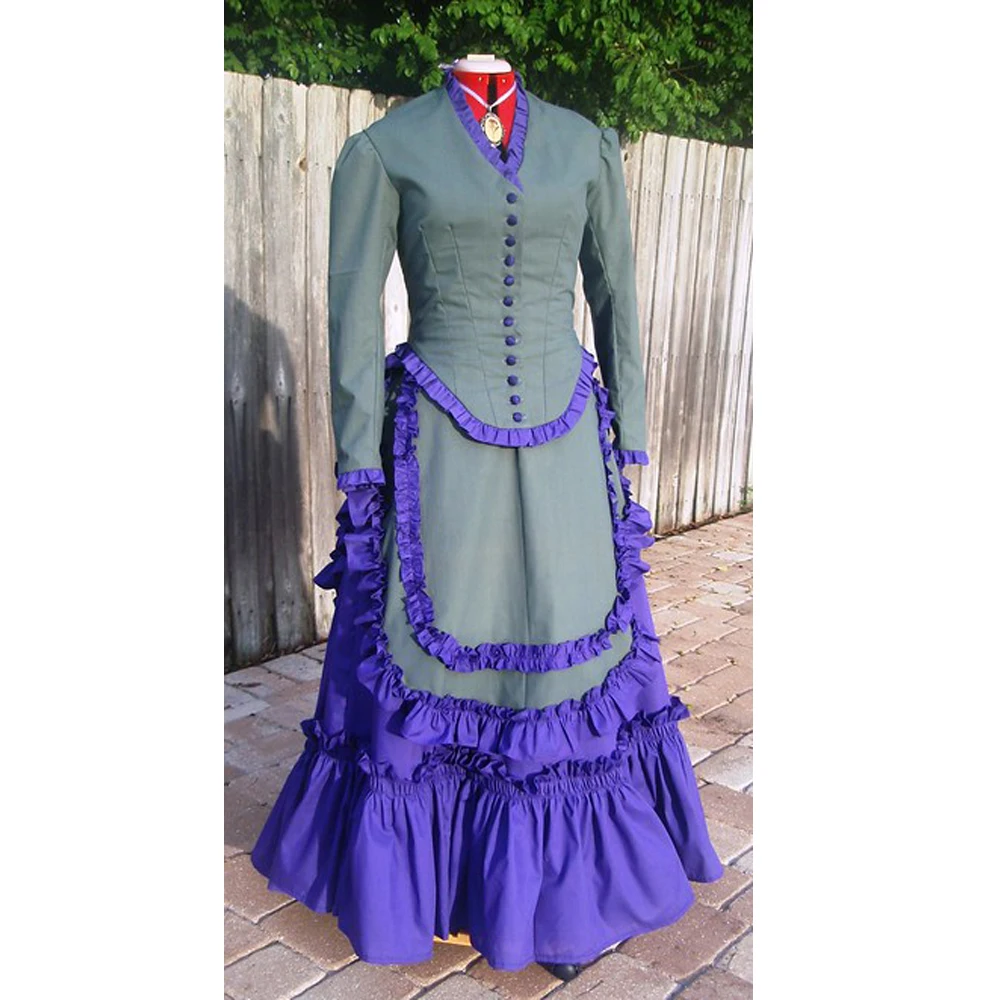 1872 สีเทาและสีม่วงผ้าฝ้ายคึกคักชุดยุคกลาง Victorian Southern Belle Ball Gown ชุดสําหรับสตรี