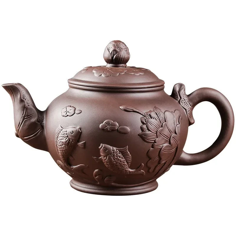 Large Capacity Yixing Purple Clay Tea Pot Hand-carved and Painted Lotus Teapot Household Tea Infuser Retro Tea Set 1000ml