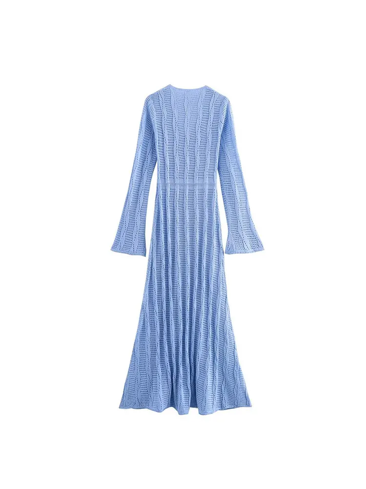 TRAF Elegant Knitted Beach Maxi Dress Women Blue V-neck Long Sleeves See Through Female Dresses Lady Holiday Flower Dress