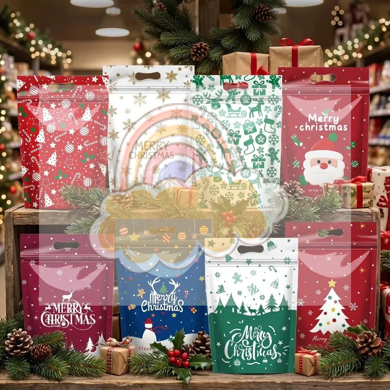 50Pcs Resealable Christmas Zip Lock Bags 50PCS Clear Christmas Plastic Sealing Bags With Handles For Xmas Holiday Party Candy