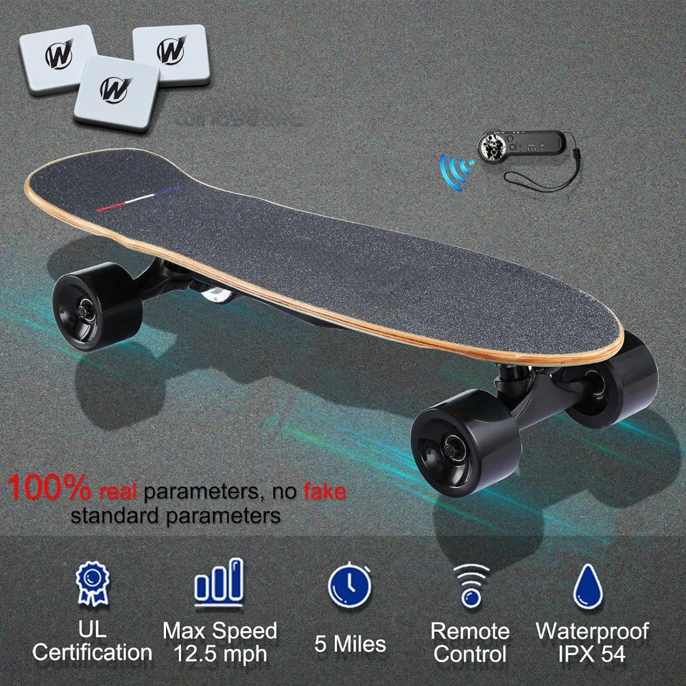 Skate elétrico com controle remoto para iniciantes, motor sem escova, max 12,4 MPH, 350W