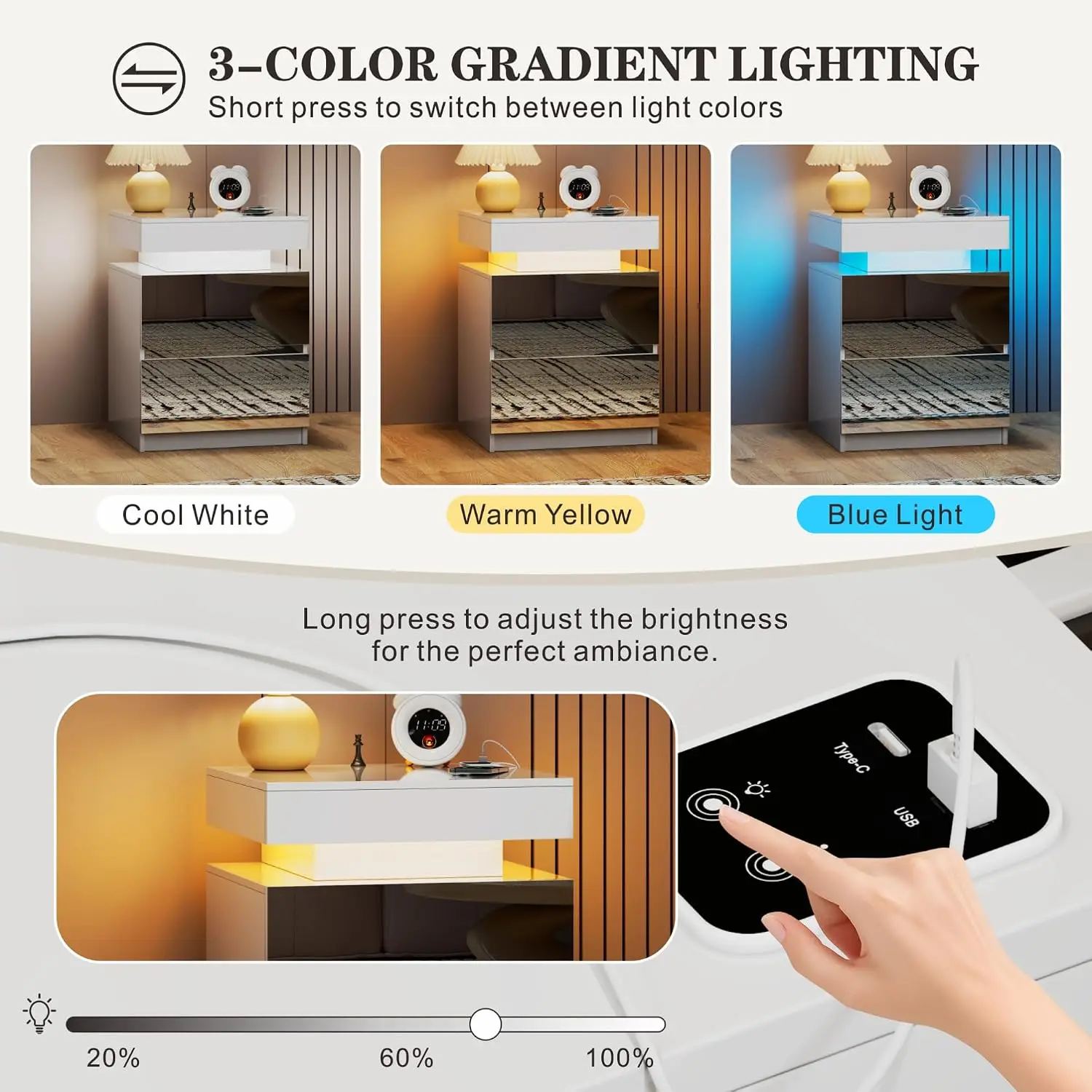 Nightstand with Charging Station & Motion Sensor Light, White, Customized