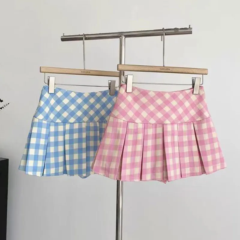 Summer Girls Skirts Sweet Plaid Blue Pleated Skirts for Kids Girls Teenager Anti-light Children Clothes High-waisted Skirt