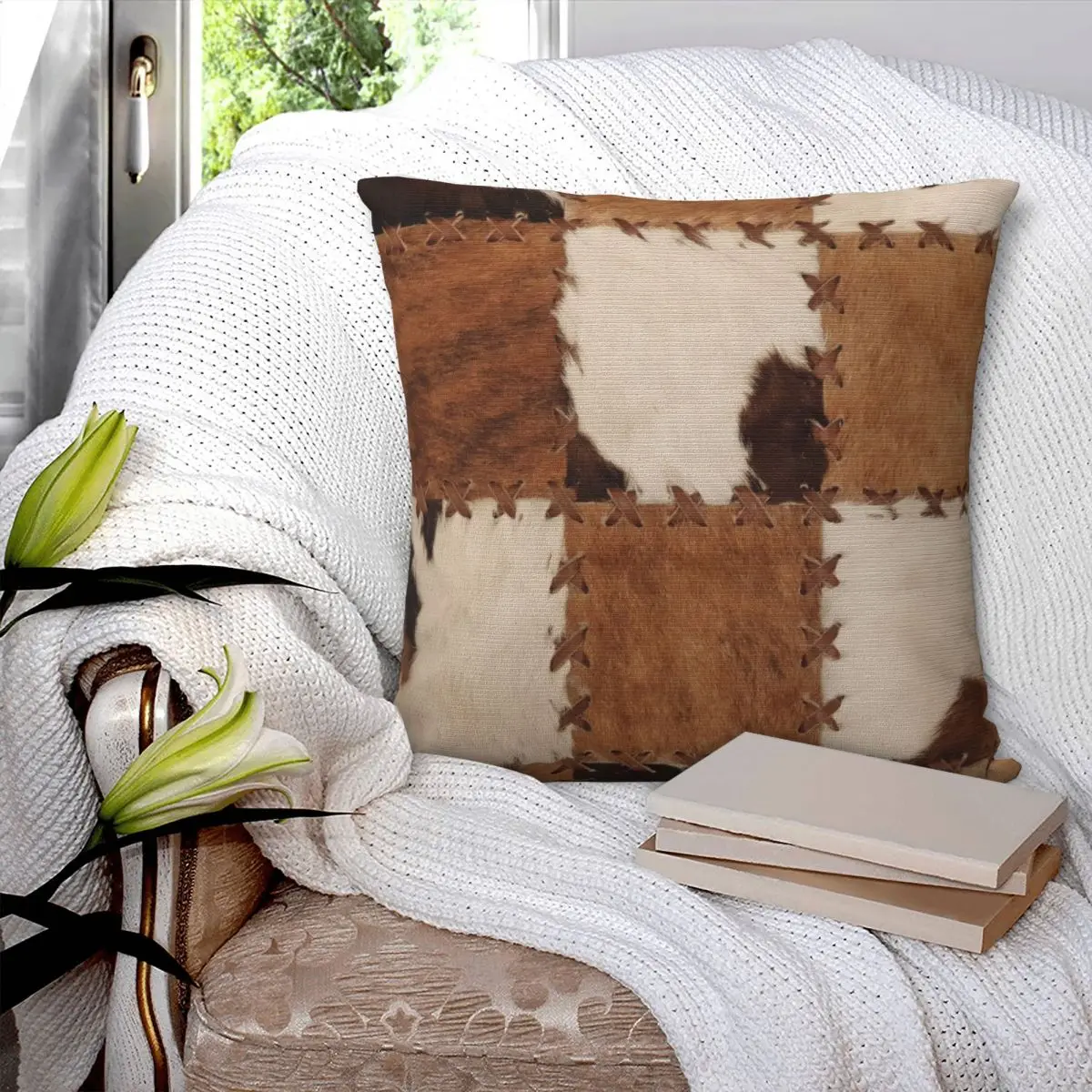 Patchwork Cowhide Rustic Western Decor Square Pillowcase Pillow Cover Cushion Zip Decorative Comfort Throw Pillow for Home Sofa