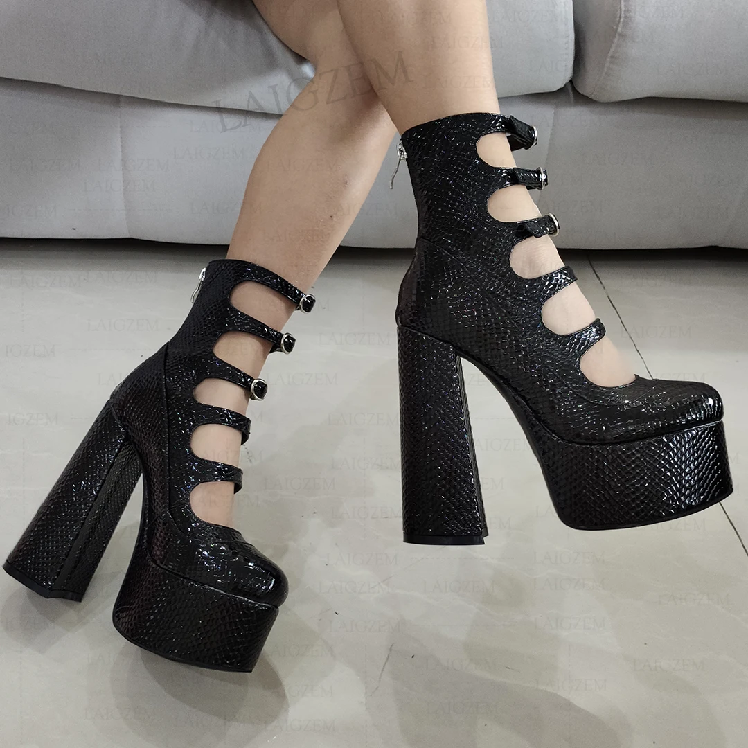 DOHBANER Women Pumps Round Toe Back Zip Block Chunky Heels Buckle Straps Sandals Cosplay Party Shoes Woman Big Size 39 40 45 47