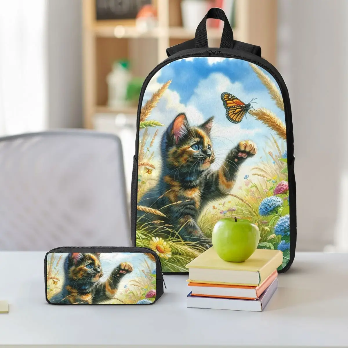 Kitten Playing With Butterfly In Grass Backpack Student BookBag School Bag Shoulder Bags 3ps Insulated Lunch Bag Pencil Case