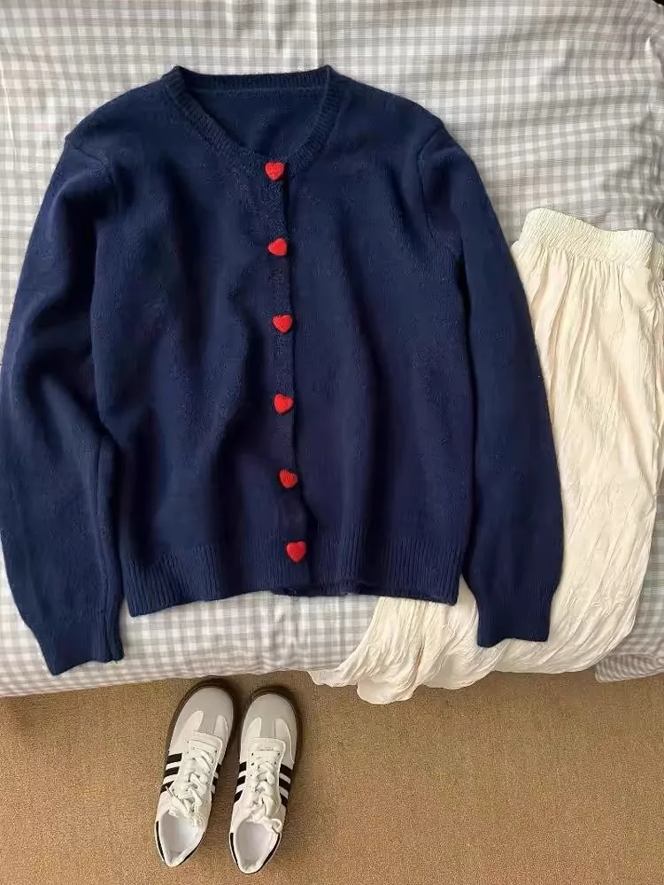 Love Button Sweater Jacket for Women 2025 Autumn New Loose Round Neck Knitted Cardigan Top