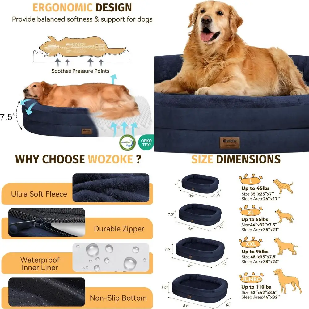 

Большая ортопедическая лежанка для собак из пены с эффектом памяти с моющимся чехлом и подушкой-валиком для собак крупных пород (XL) - темно-синий