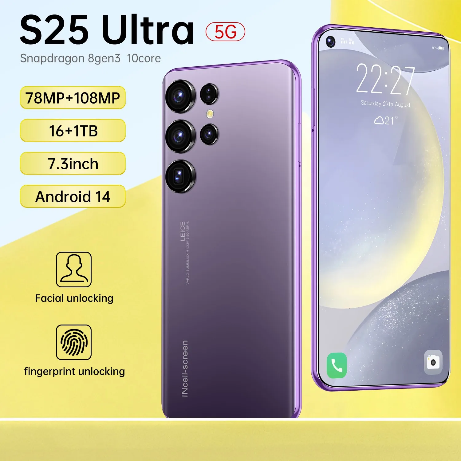 S25 Ultra New Smartphone 7.3 Inch Android 14 22GB+2TB 7800mAh 78MP+108MP Global Version 5G Fingerprint Unlocking Dual SIM Phone