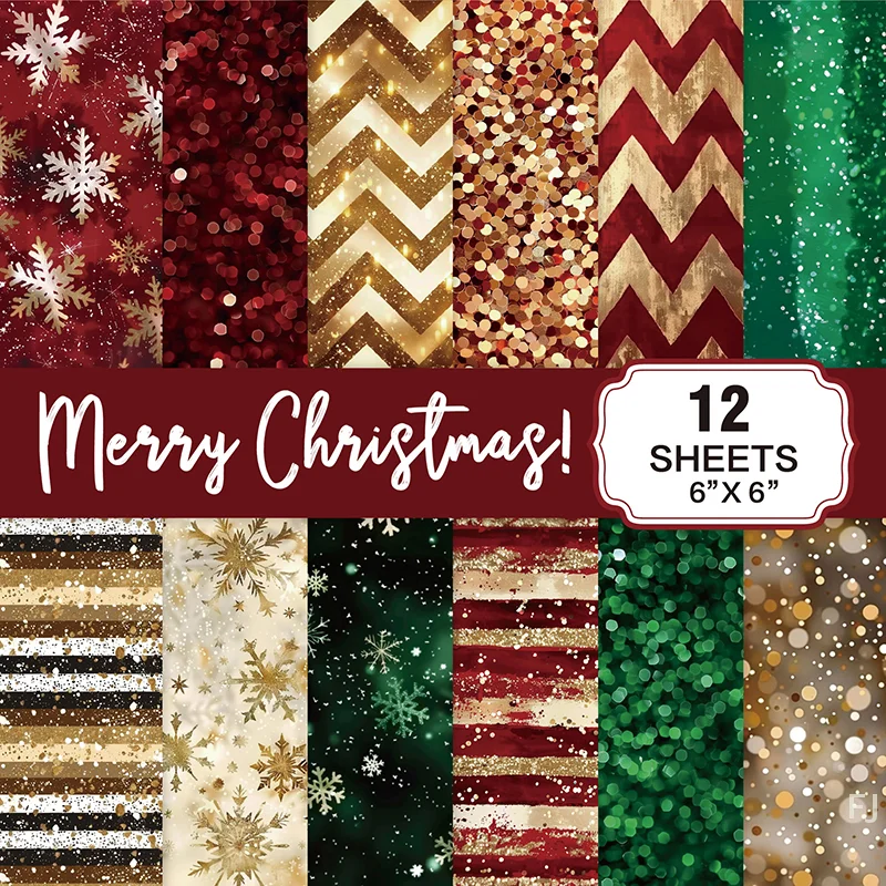 [YU]Christmas Scrapbook Pad 12 Sheets 6x6 Glitter Confetti Snowflake Single-sided Prints Cardstock 160gsm Acid-free Decorative