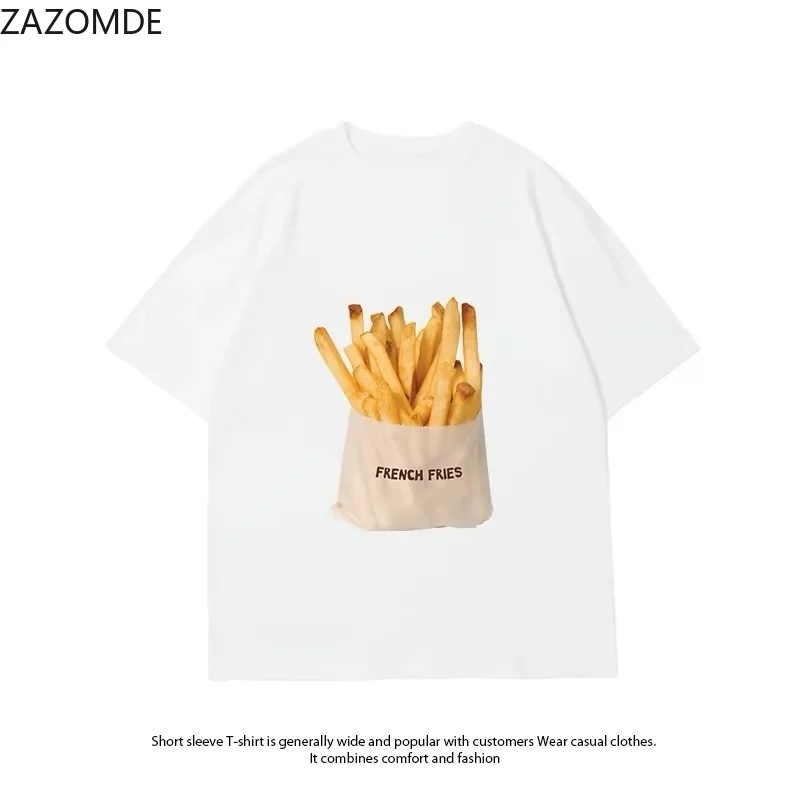 ZAZOMDE Realistic French Fries Graphic T Shirt Men Summer O Neck Short Sleeve Tee Unisex Loose Casual Streetwear Food Print Tops