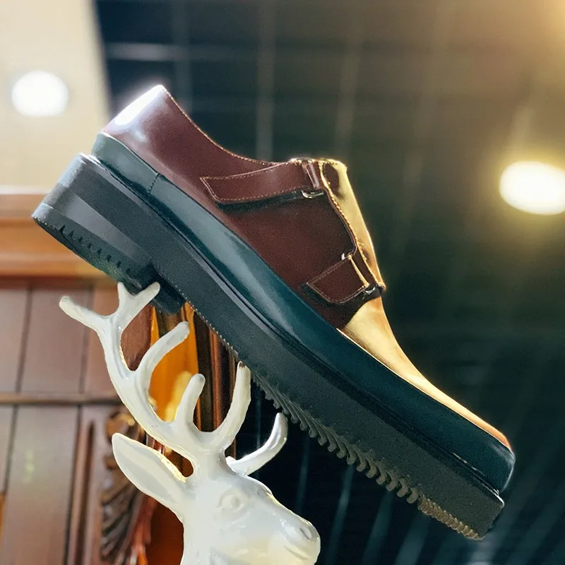 JINIWU 2026 AW Thick Sole Monk Shoes Color Block Pointed Toe Mini Carved Height Increase Cowhide Men Gentleman Shoes