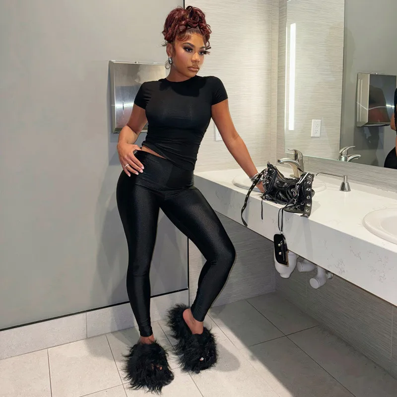 Vsstiar Short Sleeve O Neck Women T-Shirt High Waist Pencil Pants Fashion Solid Color Slim Casual Two Piece Set Streetwear Suit