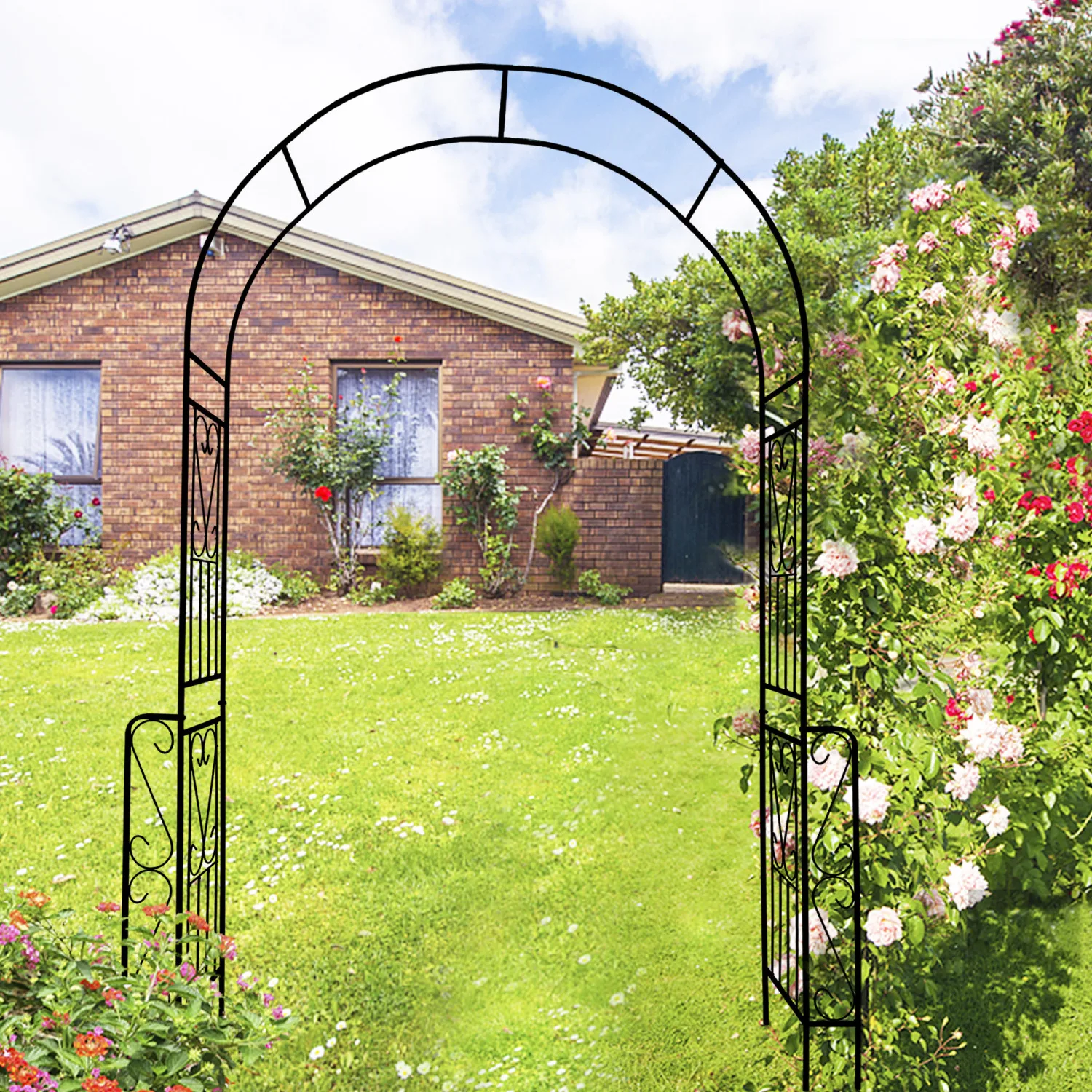 

Metal Garden Arch W55'' x H94.5'' Garden Arbor Trellis Climbing Plants Support Rose Arch Outdoor Arch Black