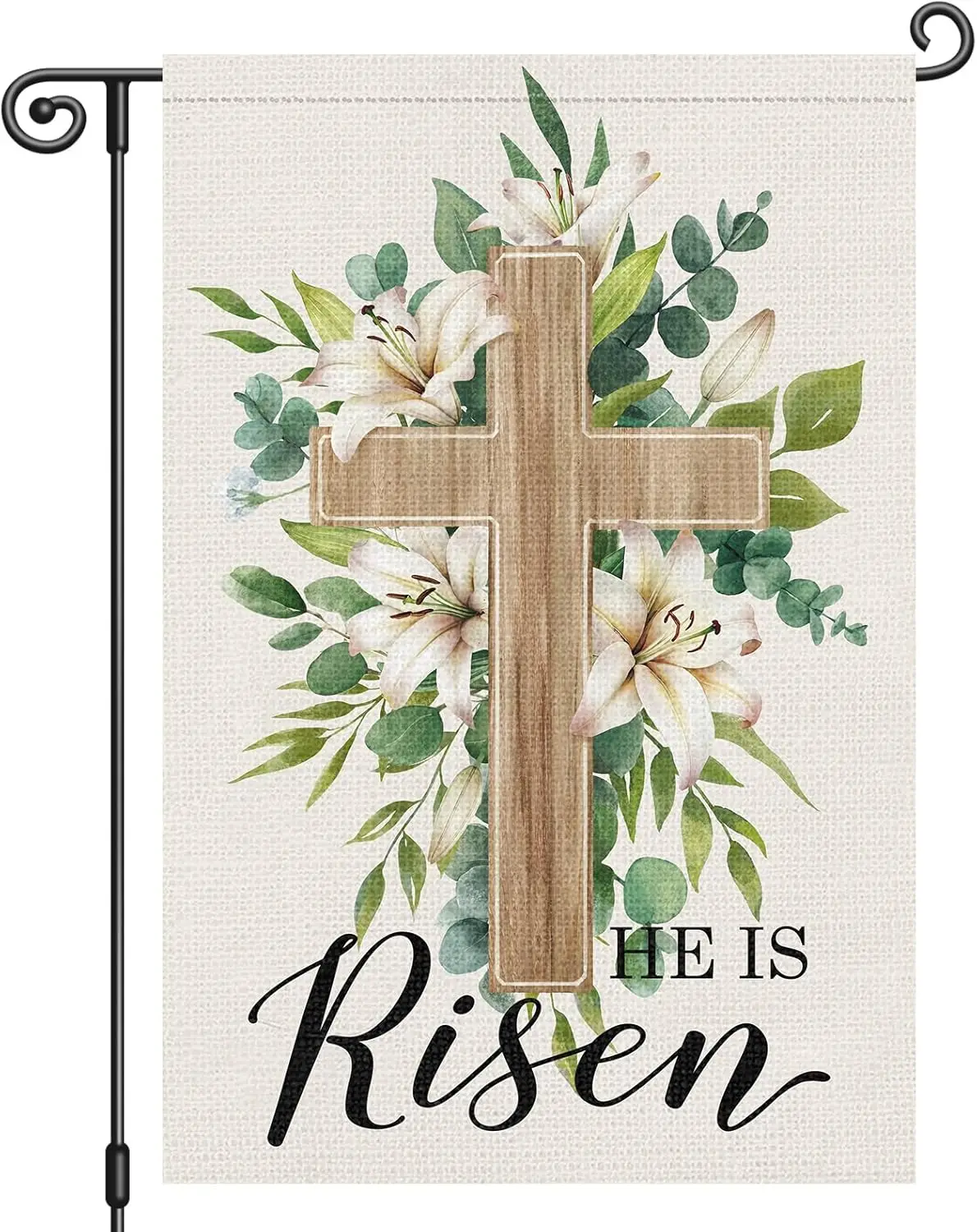 Heyfibro He is Risen Easter Garden Flag 12x18 Inch Double Sided Cross Garden Flag Small Yard Flags for Outside House Farmhou uui