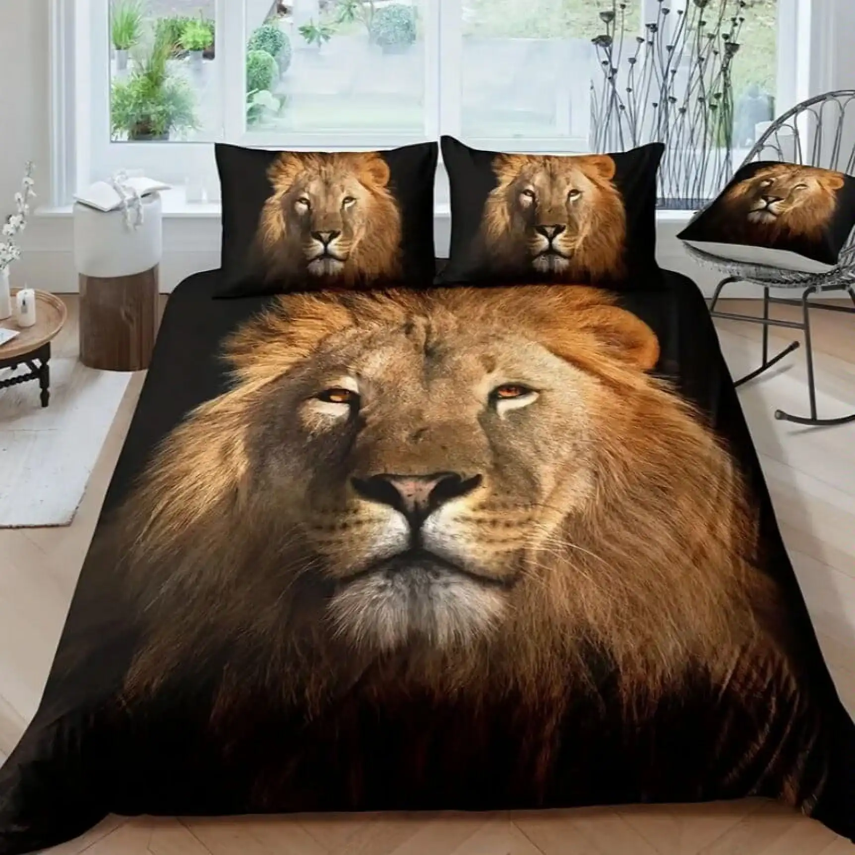 

Lion Duvet Cover for Women Men,Wild Animal Flowers Comforter Cover Brown King,African Safari Animals Romantic Floral Room Decor