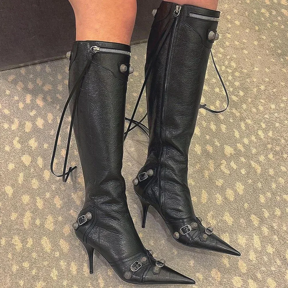 Sexy Knee High Boots 2024 Winter Boots Brand Design Super High Thin Heels With Rivet Retro Fashion Cool Women Shoes Big Size 46