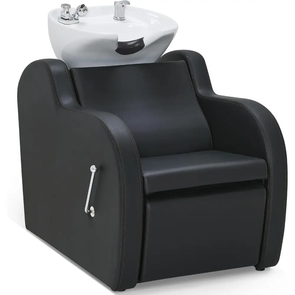 

Adjustable Hair Wash Station with Leg Rest, Black Sink and Chair Set for Barbershop and Home