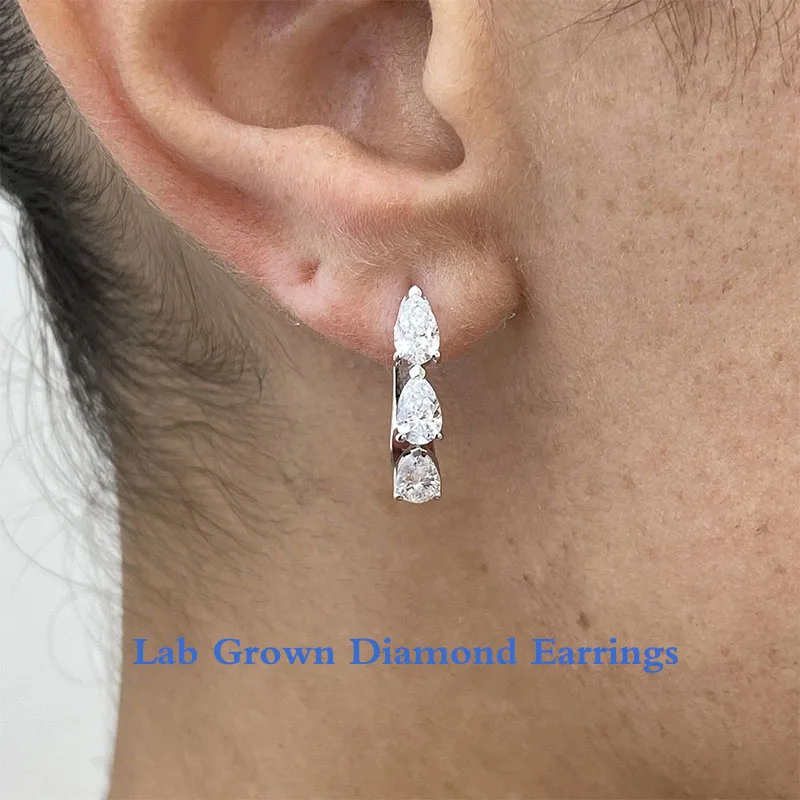 1.49ct DEF/VS VVS Pear Cut HPHT Lab Created Diamond Hinged Backing Earrings Solid 14K White Gold Hoop Earrings Birthday Gift