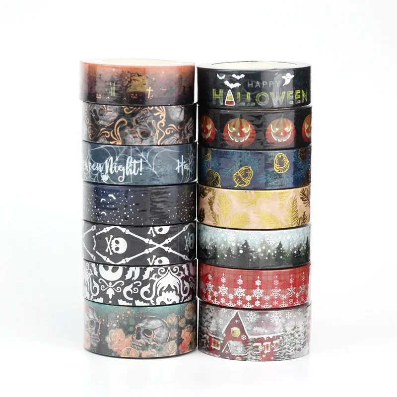 Single Roll 10M Deco Gold & Silver Foil Mushroom Skull Rose Moon Pumpkin Halloween Masking Washi Tape Set for Planner Stationery