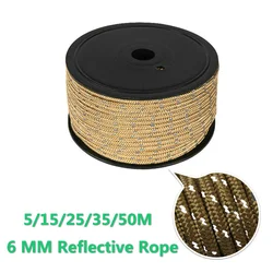 6mm Thickened Reflective Tent Rope 5/15/25/35/50M Outdoor Wind Rope for Camping Canopy Awning Fixed Safety Windproof Rope Khaki