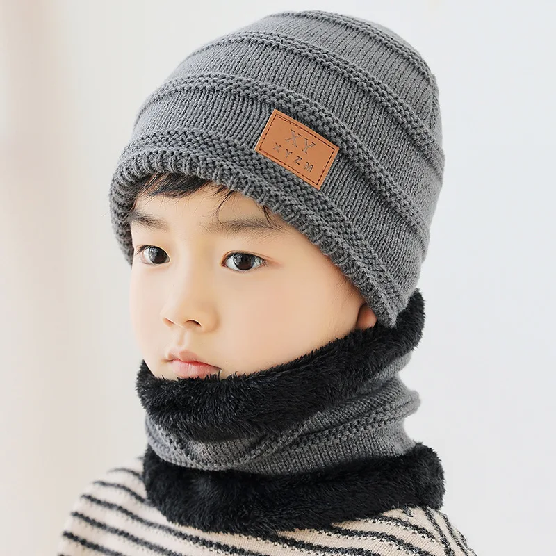 New Kids Winter Warm Knitted Hat with Scarf Set Skullies Beanies for 3-14 Years Old Boy\'s Children cute Hat Scarf Set Beanie Cap