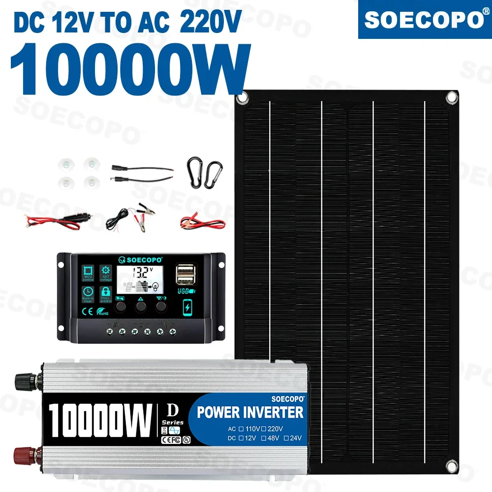 SOECOPO 10000W Zonne-energiesysteem Kit 800W Fotovoltaïsch Paneel 100A Controller 12V naar 220V 110V Omvormer voor Camping/RV/Thuis