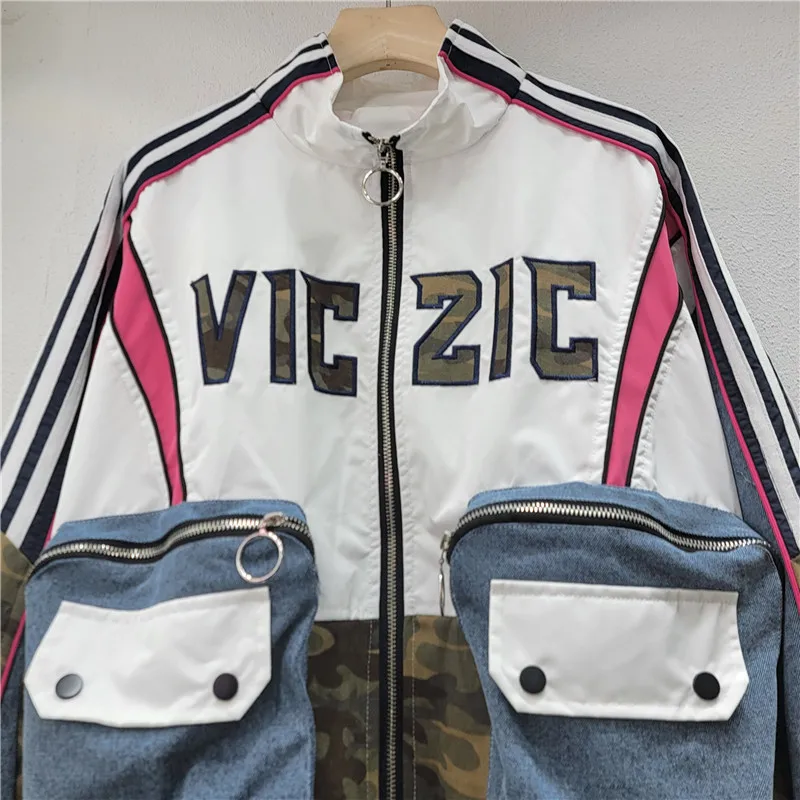 2025 Fall New Arrival Women's Heavy-Detail Denim Jacket - Color-Block, Large Pockets, Camo Patchwork & Letter Accents