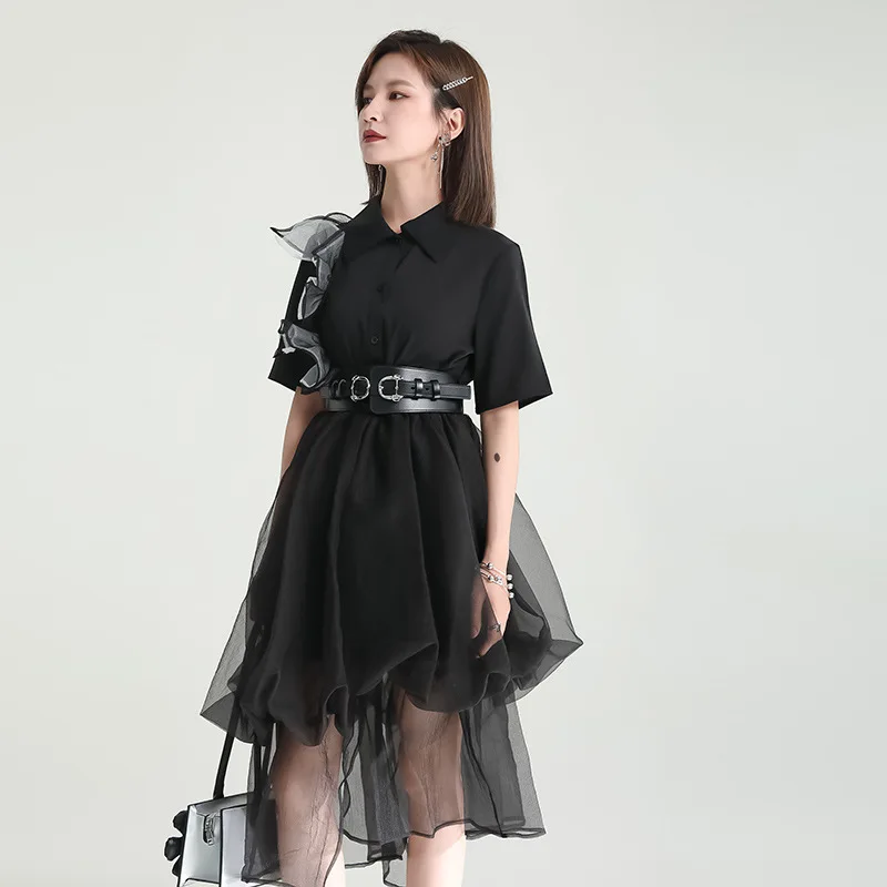 Zhongchuangrizhen 2024 summer new contrasting color shirt dress fake two loose and thin patchwork gauze dress