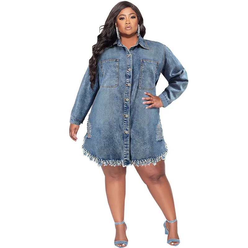 2025 Spring New Style Women Denim Shirt Dresses Long Sleeves Turn Down Neck Buttons Tassels Fashion Plus Size Dresses