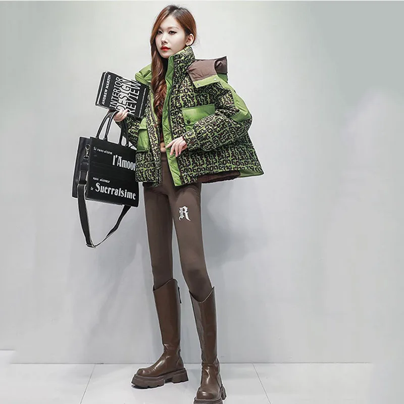 Veste en duvet de coton imprimé pour femme, Streetwear, court, à capuche, ample, épais, décontracté, nouvelle collection hiver 2025
