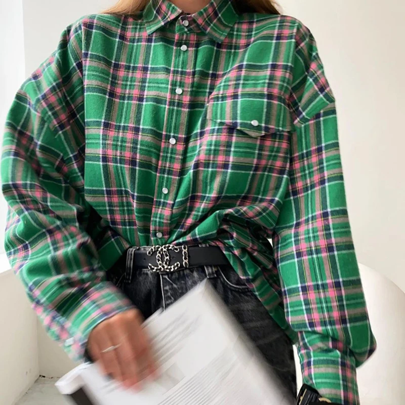 Green Vintage Plaid Shirt Women Oversize Top Long Sleeves Autumn Winter Loose Women\'s Shirt And Blouses Oversized