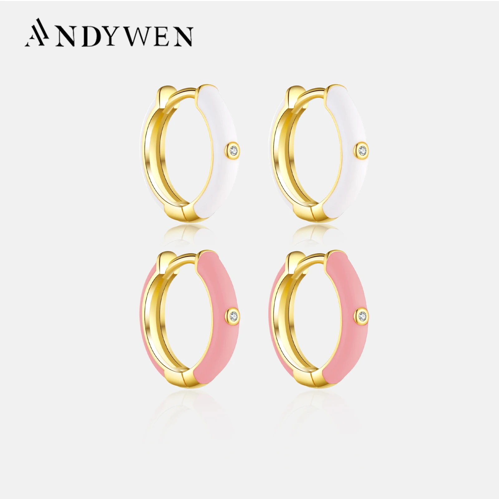 ANDYWEN 925 Sterling Silver Rose Red Ename Hoops 5 Colors Women Piercing Pendientes Ohrringe Earring Fine Jewelry Crystal CZ