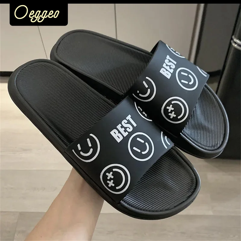 

oeggeo Men & women ins smiling face flat-soled waterproof slippers summer couples indoor and outdoor slippers