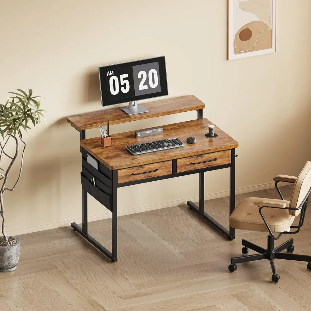 Compact Desk with Drawers and Monitor Stand for Small Spaces, Office, Bedroom and Vanity Use
