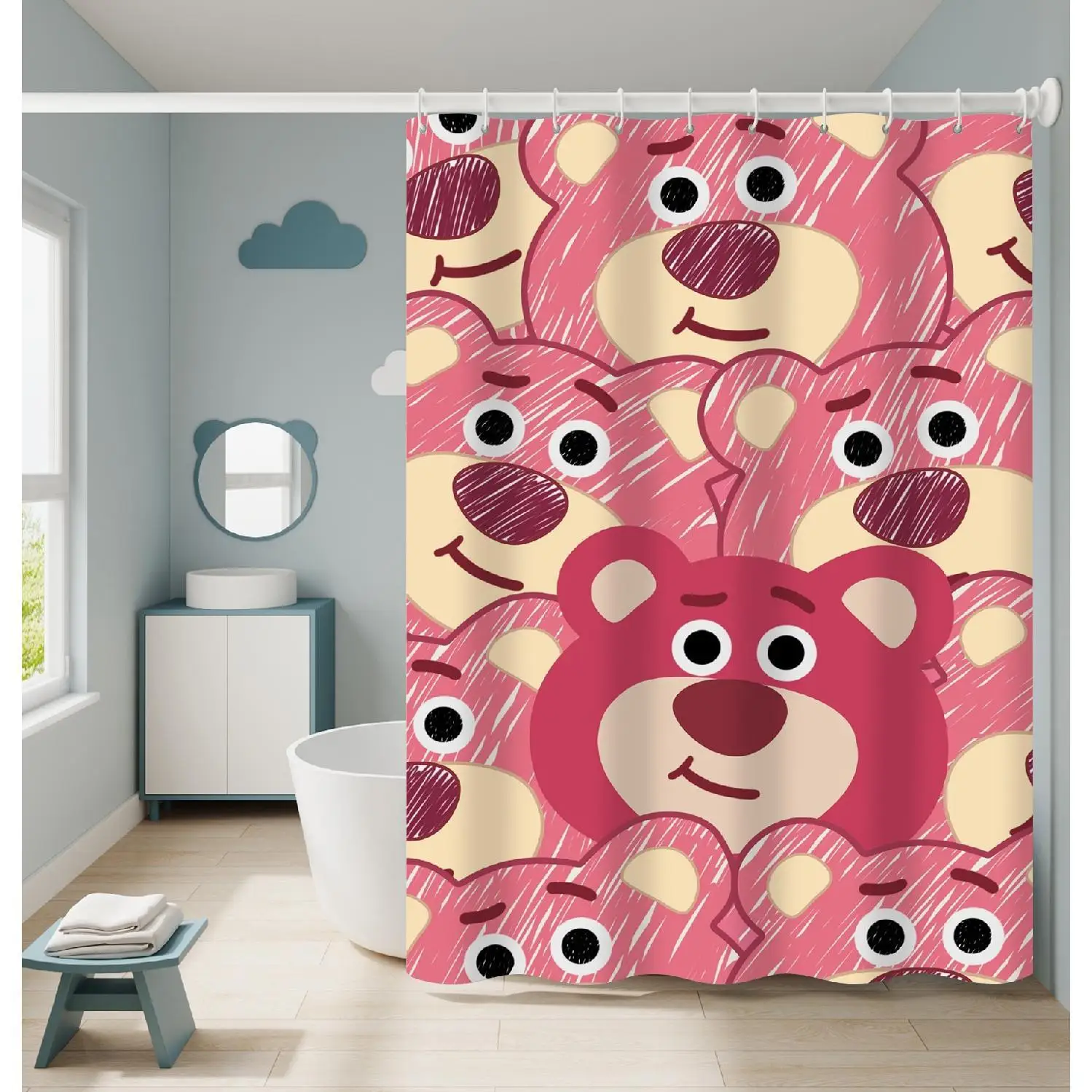 

Disney Cute Pink Lotso Shower Curtain Cartoon Waterproof Bathroom Curtain with Hooks Decor Girls Children's Gifts