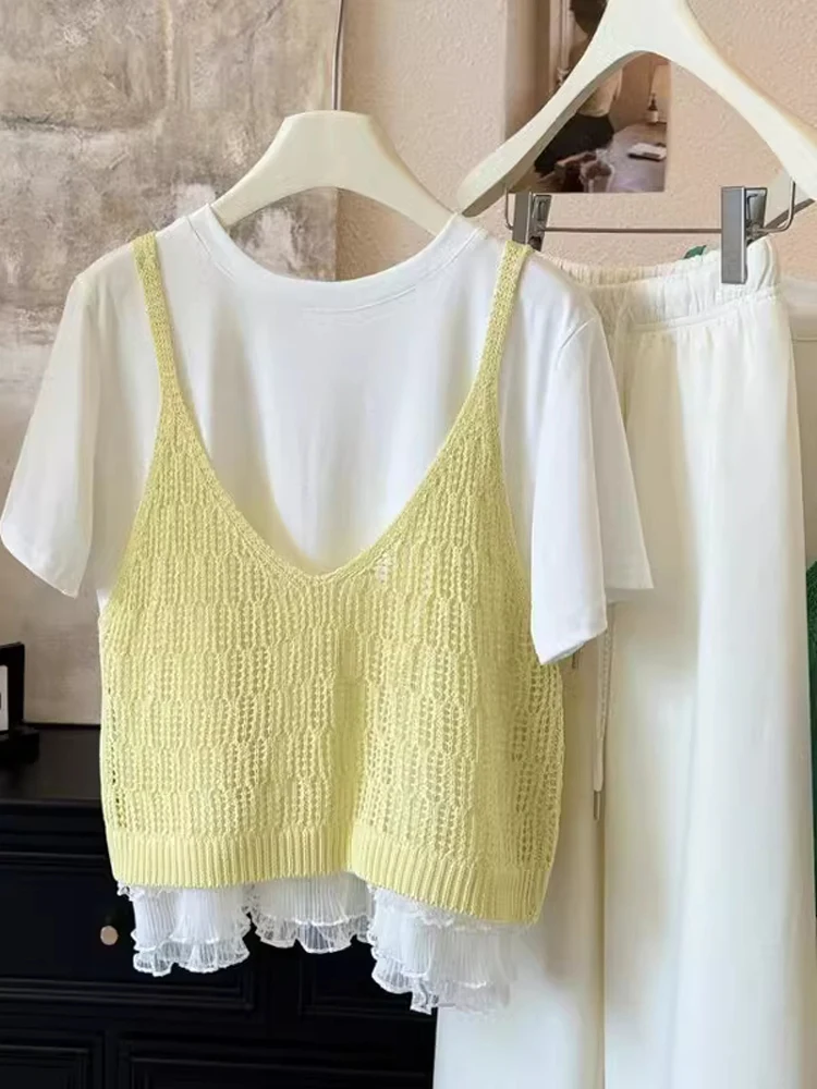 シックなブルーニットベストショートノースリーブレディースアウター春夏ファッション韓国スタイル通勤ルーズフィットソリッドカラー