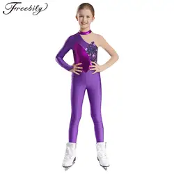 Kids Girls Gymnastics Ballet Dance Leotard Bodysuit Metallic Rhinestones Figure Skating Jumpsuit Performance Dance Costumes