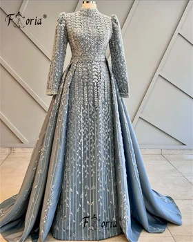 Aso Ebi Women Long Sleeves Beaded Party Dress with Detachable Train 3D Lace Appliques Muslim Dubai Wedding Evening Gowns 2024