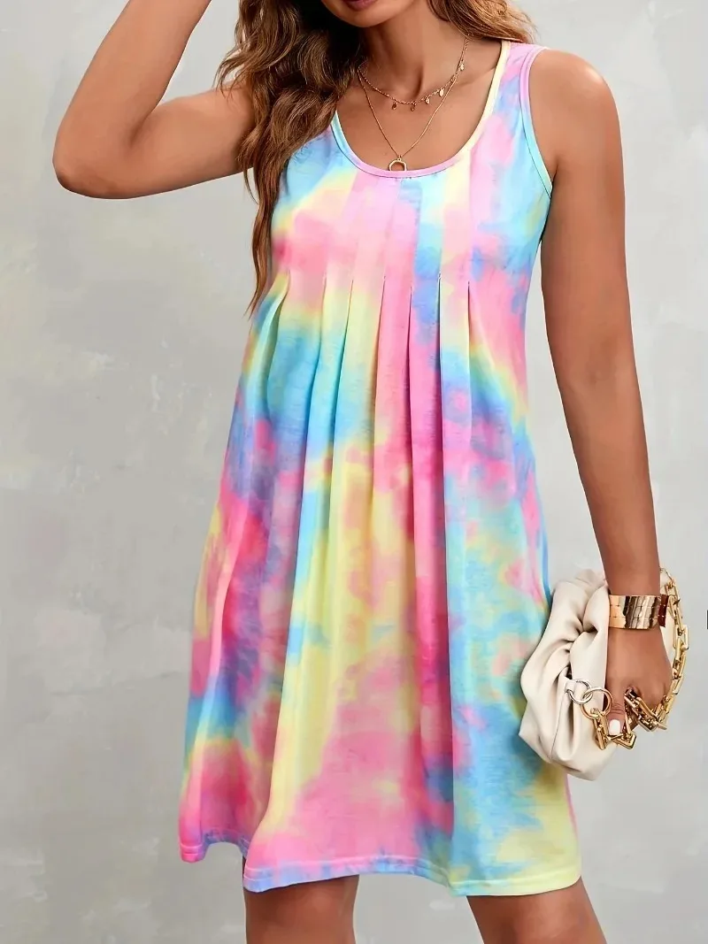 Plus Size 1XL-8XL Women\'s Tie Dye Pleated Sleeveless Dress Beach Vest Dress Casual Knee Length Dress