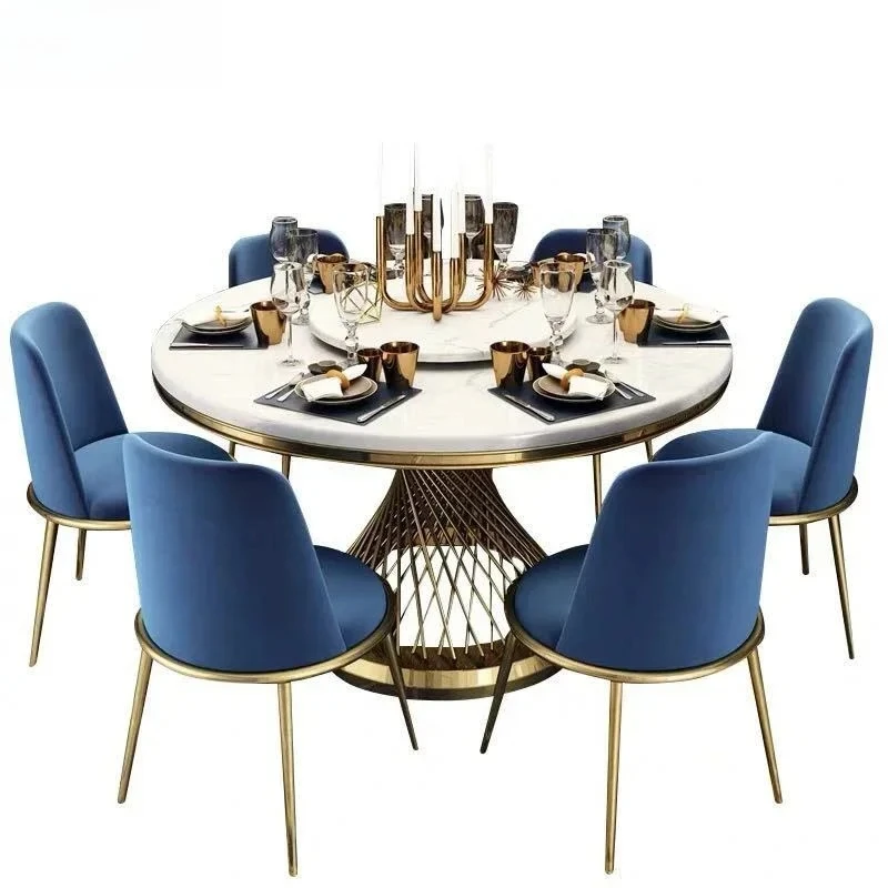 D60cm Turntable Designer Luxury Round Dinning Marble Rock Slab Dining Table Set 6 Chairs Mesa Comedor Sillas Furniture Stainless Steel Gold Base
